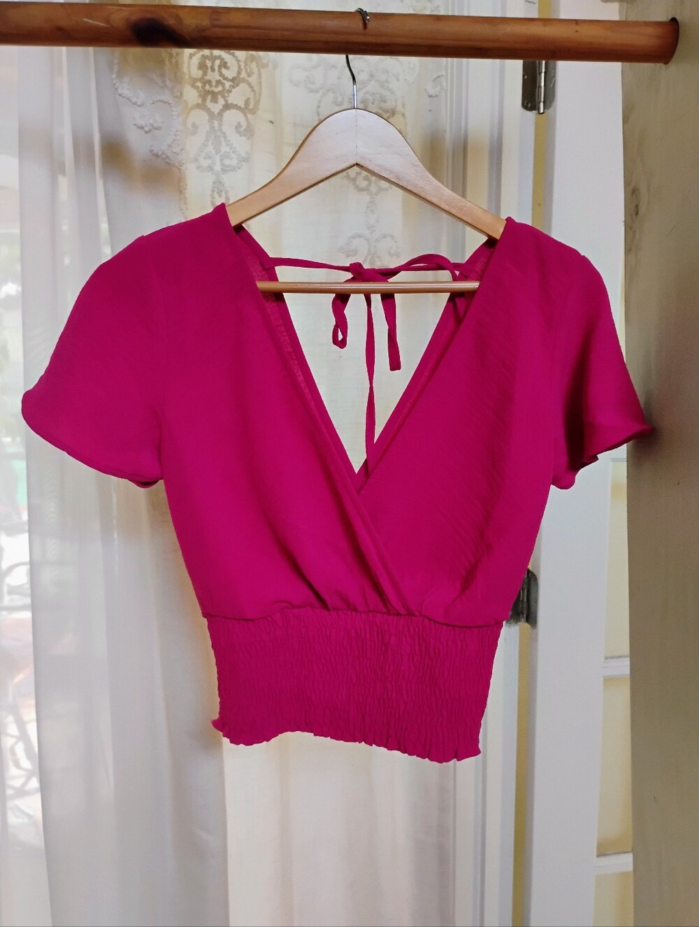 Women's Deep V Tie-Back Crop Top - Magenta